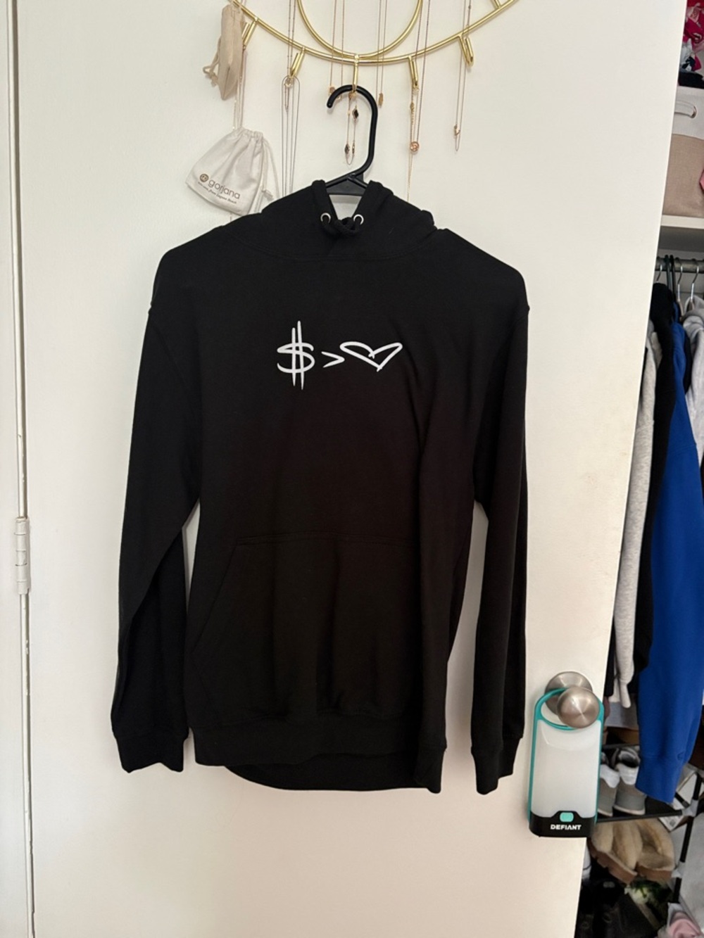 Black Graphic Pullover Hoodie with White Symbol Chest Print
